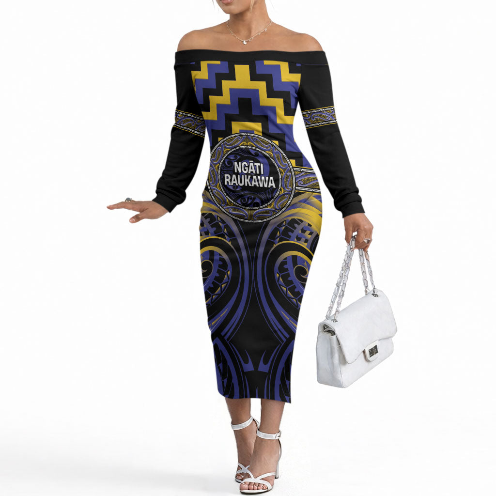 Aotearoa Ngati Raukawa Personalised Off The Shoulder Long Sleeve Dress Maori Iwi Poutama Puhoro Tattoo