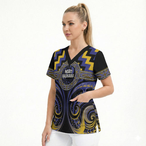 Aotearoa Ngati Raukawa Personalised Scrub Top Maori Iwi Poutama Puhoro Tattoo
