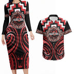 Aotearoa Ngati Toa Personalised Couples Matching Long Sleeve Bodycon Dress and Hawaiian Shirt Maori Iwi Poutama Puhoro Tattoo