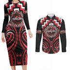 Aotearoa Ngati Toa Personalised Couples Matching Long Sleeve Bodycon Dress and Long Sleeve Button Shirt Maori Iwi Poutama Puhoro Tattoo