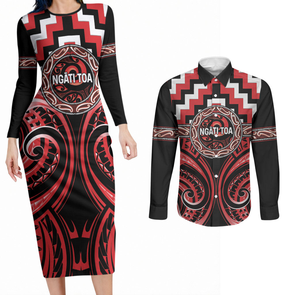 Aotearoa Ngati Toa Personalised Couples Matching Long Sleeve Bodycon Dress and Long Sleeve Button Shirt Maori Iwi Poutama Puhoro Tattoo