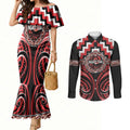 Aotearoa Ngati Toa Personalised Couples Matching Mermaid Dress and Long Sleeve Button Shirt Maori Iwi Poutama Puhoro Tattoo