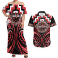 Aotearoa Ngati Toa Personalised Couples Matching Off Shoulder Maxi Dress and Hawaiian Shirt Maori Iwi Poutama Puhoro Tattoo