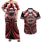 Aotearoa Ngati Toa Personalised Couples Matching Off Shoulder Maxi Dress and Hawaiian Shirt Maori Iwi Poutama Puhoro Tattoo