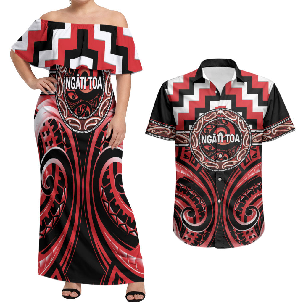 Aotearoa Ngati Toa Personalised Couples Matching Off Shoulder Maxi Dress and Hawaiian Shirt Maori Iwi Poutama Puhoro Tattoo