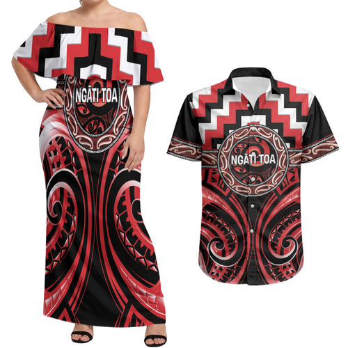 Aotearoa Ngati Toa Personalised Couples Matching Off Shoulder Maxi Dress and Hawaiian Shirt Maori Iwi Poutama Puhoro Tattoo
