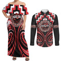 Aotearoa Ngati Toa Personalised Couples Matching Off Shoulder Maxi Dress and Long Sleeve Button Shirt Maori Iwi Poutama Puhoro Tattoo