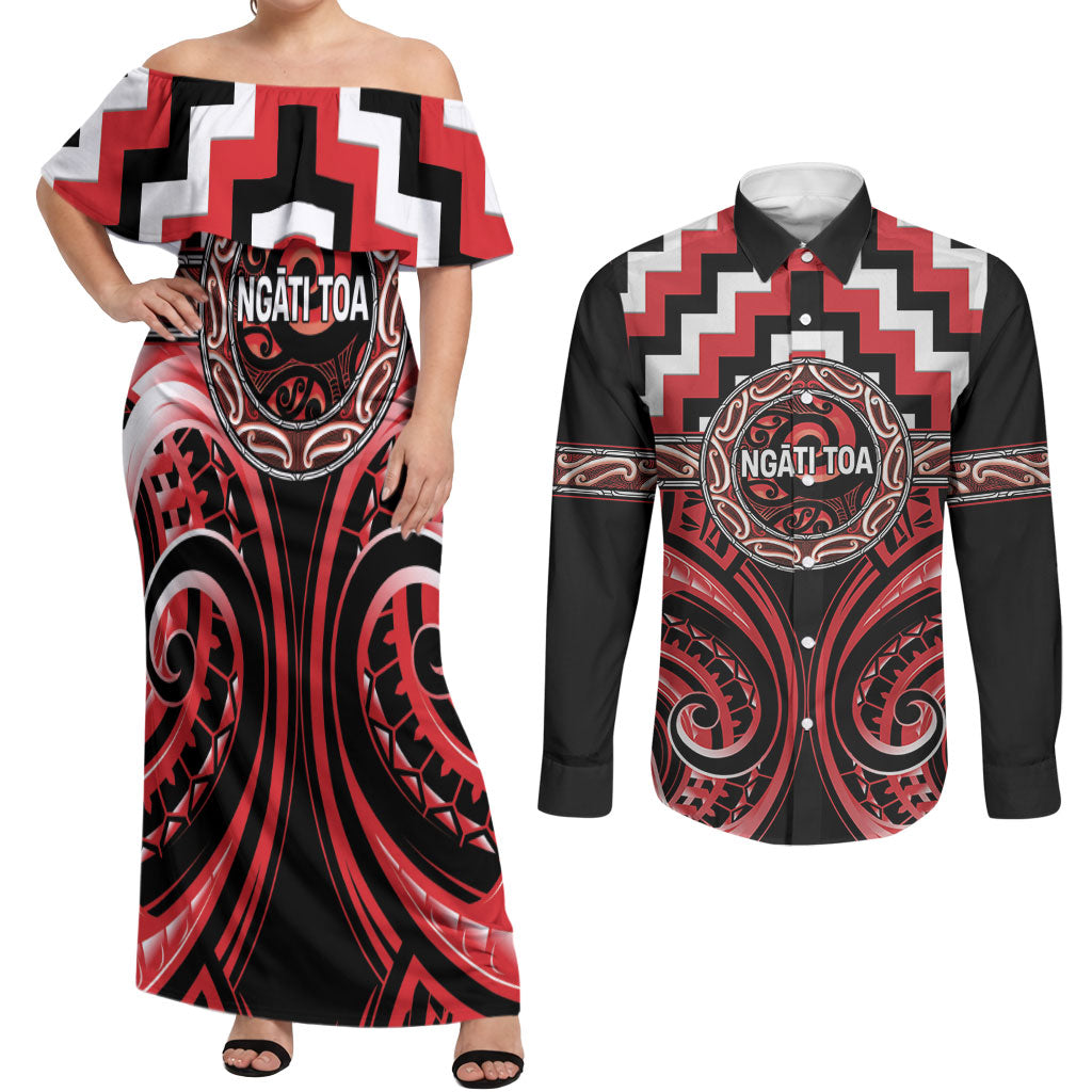 Aotearoa Ngati Toa Personalised Couples Matching Off Shoulder Maxi Dress and Long Sleeve Button Shirt Maori Iwi Poutama Puhoro Tattoo