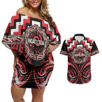 Aotearoa Ngati Toa Personalised Couples Matching Off Shoulder Short Dress and Hawaiian Shirt Maori Iwi Poutama Puhoro Tattoo