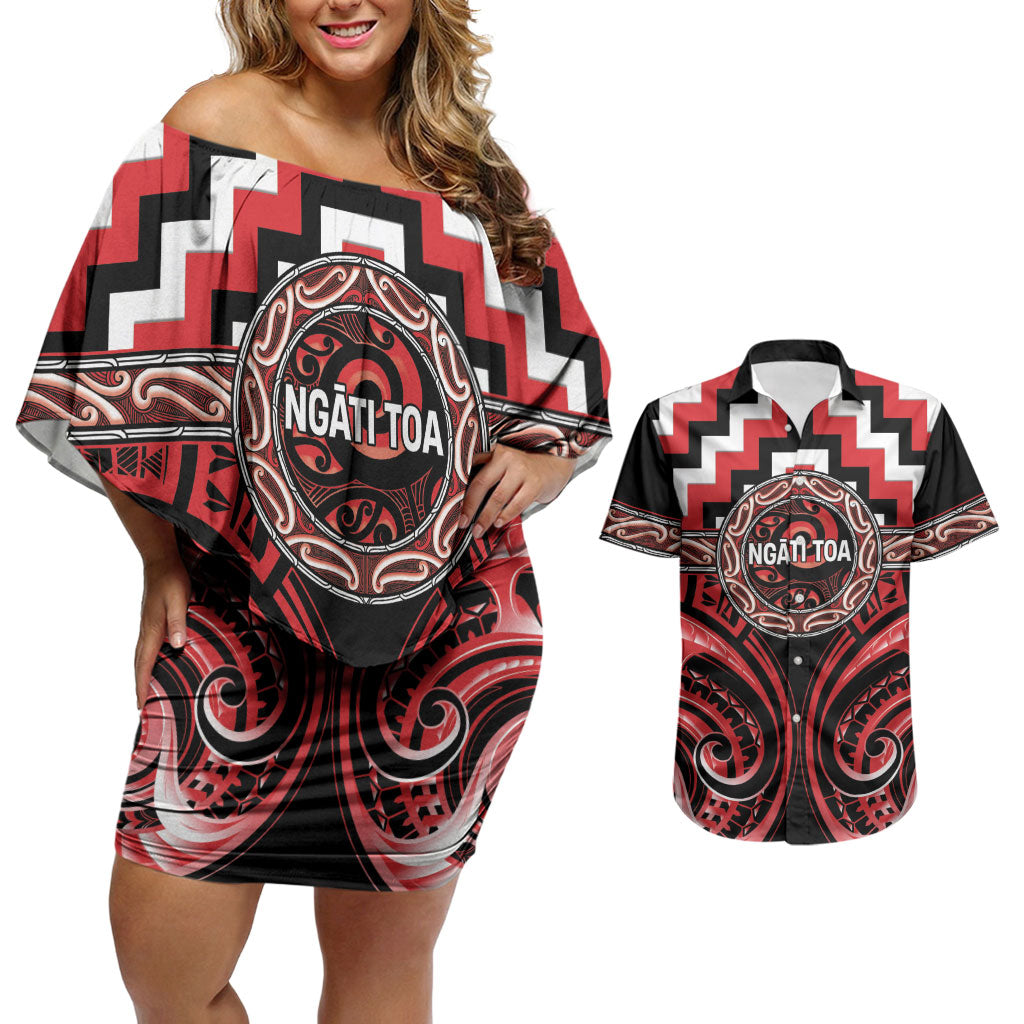 Aotearoa Ngati Toa Personalised Couples Matching Off Shoulder Short Dress and Hawaiian Shirt Maori Iwi Poutama Puhoro Tattoo