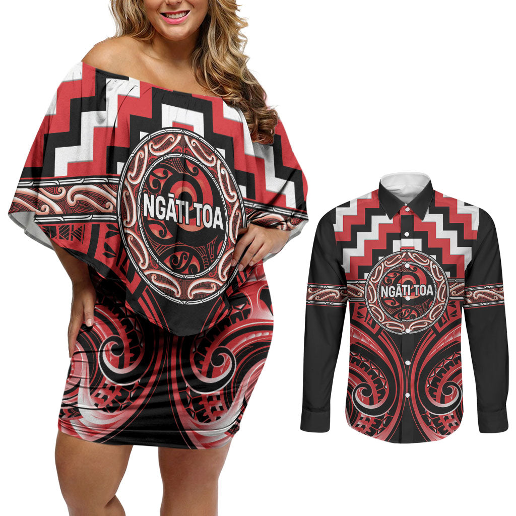 Aotearoa Ngati Toa Personalised Couples Matching Off Shoulder Short Dress and Long Sleeve Button Shirt Maori Iwi Poutama Puhoro Tattoo