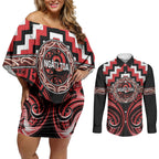 Aotearoa Ngati Toa Personalised Couples Matching Off Shoulder Short Dress and Long Sleeve Button Shirt Maori Iwi Poutama Puhoro Tattoo
