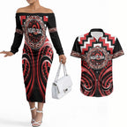 Aotearoa Ngati Toa Personalised Couples Matching Off The Shoulder Long Sleeve Dress and Hawaiian Shirt Maori Iwi Poutama Puhoro Tattoo