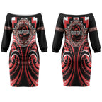 Aotearoa Ngati Toa Personalised Couples Matching Off The Shoulder Long Sleeve Dress and Hawaiian Shirt Maori Iwi Poutama Puhoro Tattoo