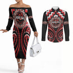 Aotearoa Ngati Toa Personalised Couples Matching Off The Shoulder Long Sleeve Dress and Long Sleeve Button Shirt Maori Iwi Poutama Puhoro Tattoo