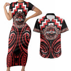Aotearoa Ngati Toa Personalised Couples Matching Short Sleeve Bodycon Dress and Hawaiian Shirt Maori Iwi Poutama Puhoro Tattoo