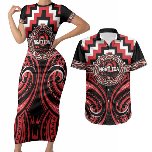 Aotearoa Ngati Toa Personalised Couples Matching Short Sleeve Bodycon Dress and Hawaiian Shirt Maori Iwi Poutama Puhoro Tattoo