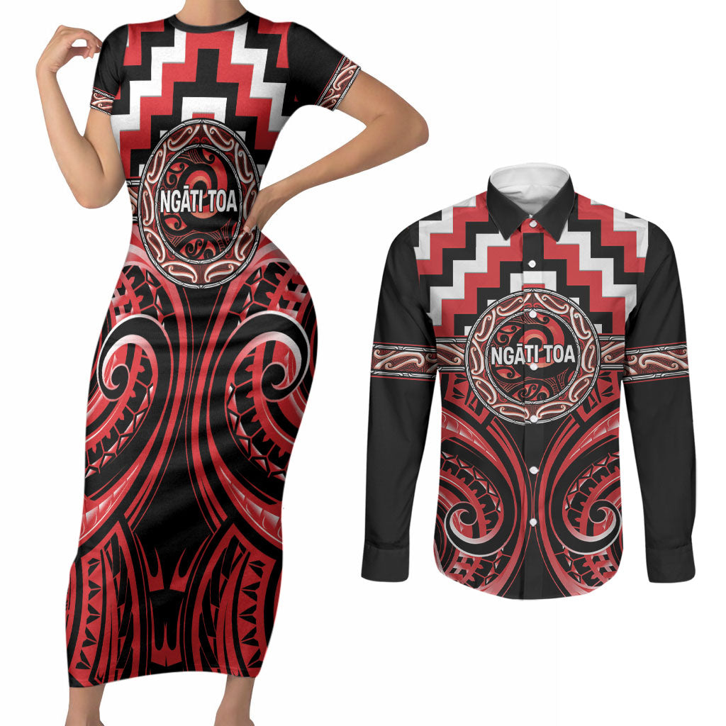 Aotearoa Ngati Toa Personalised Couples Matching Short Sleeve Bodycon Dress and Long Sleeve Button Shirt Maori Iwi Poutama Puhoro Tattoo