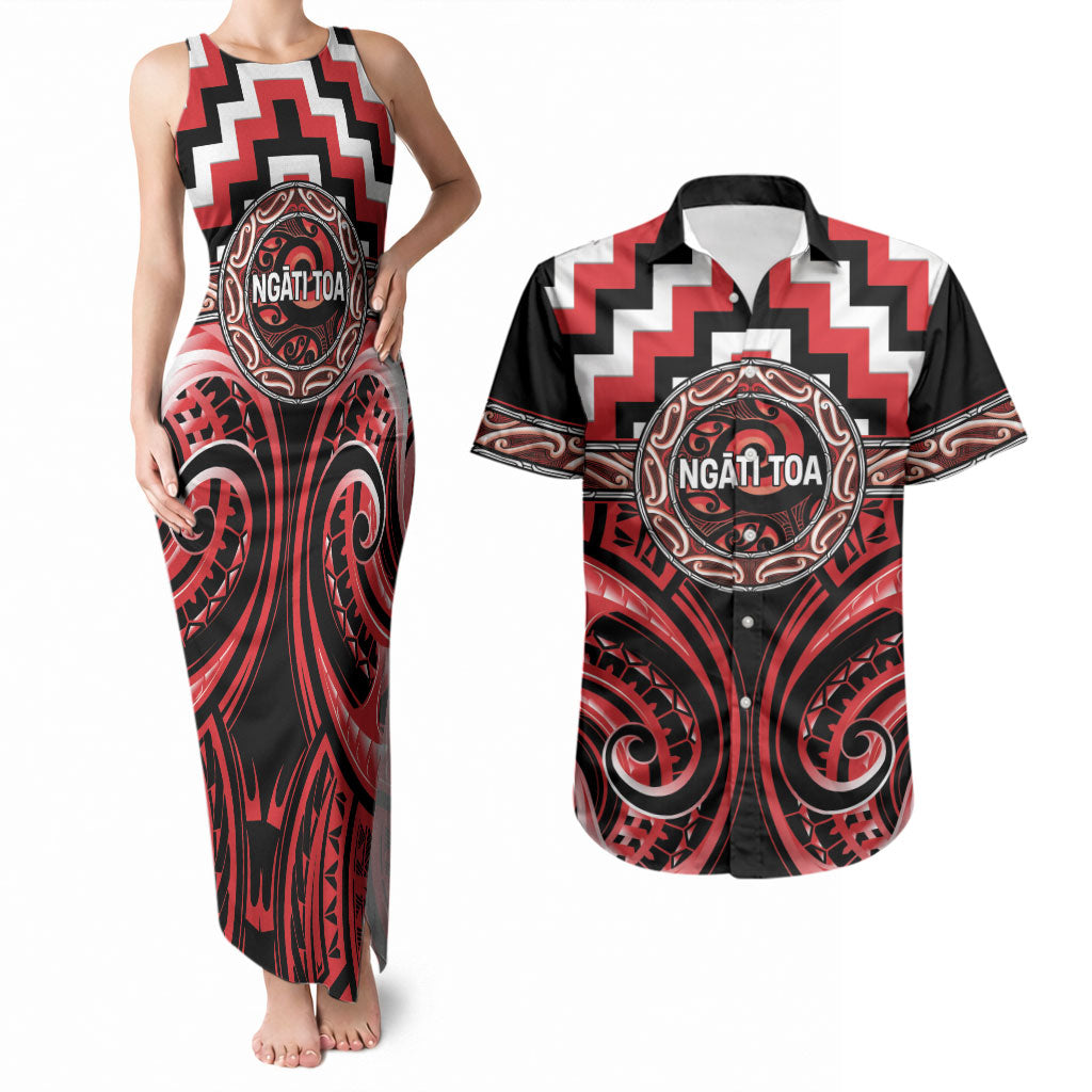 Aotearoa Ngati Toa Personalised Couples Matching Tank Maxi Dress and Hawaiian Shirt Maori Iwi Poutama Puhoro Tattoo