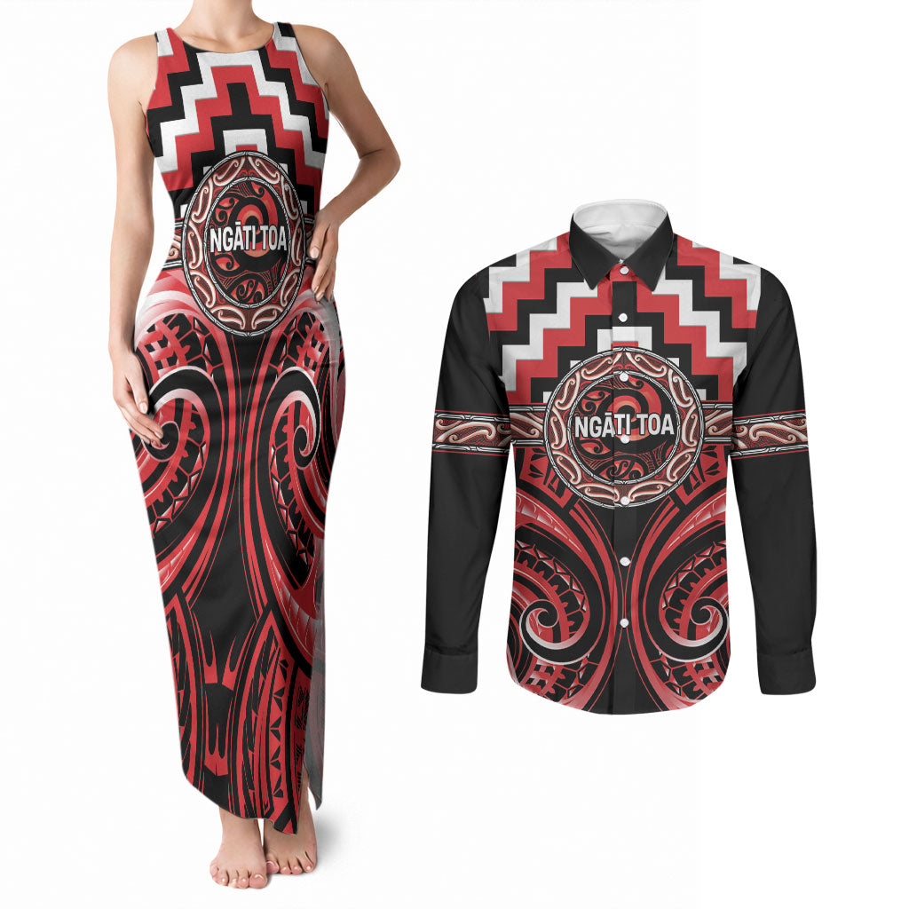 Aotearoa Ngati Toa Personalised Couples Matching Tank Maxi Dress and Long Sleeve Button Shirt Maori Iwi Poutama Puhoro Tattoo