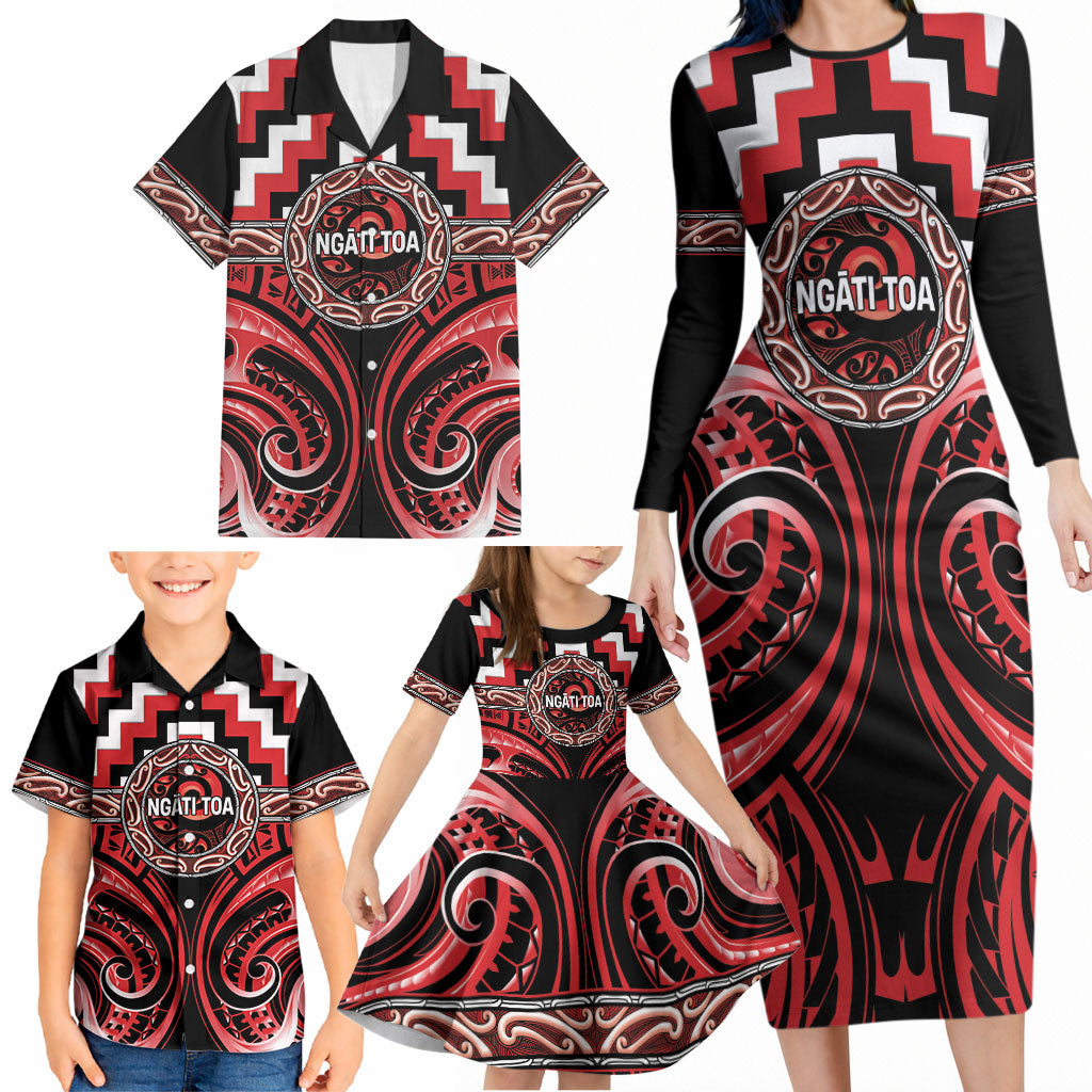 Aotearoa Ngati Toa Personalised Family Matching Long Sleeve Bodycon Dress and Hawaiian Shirt Maori Iwi Poutama Puhoro Tattoo