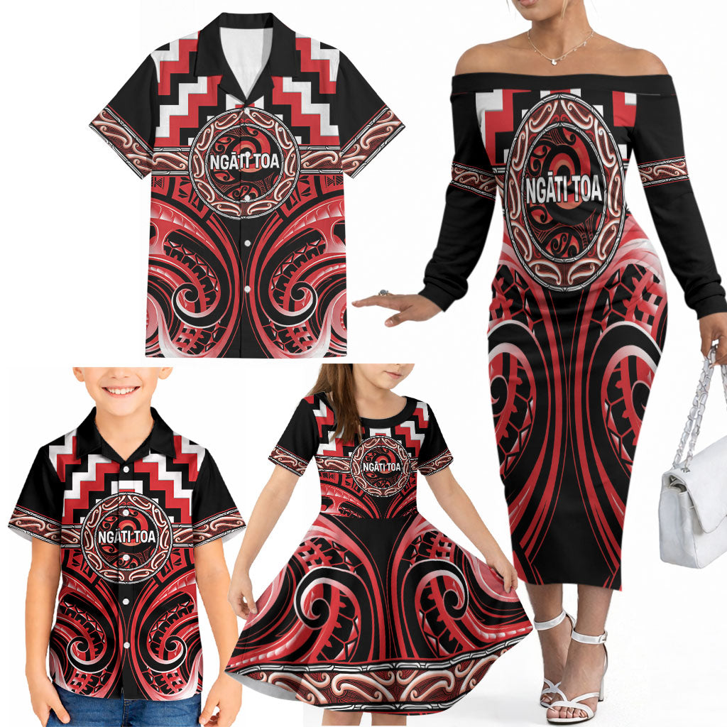 Aotearoa Ngati Toa Personalised Family Matching Off The Shoulder Long Sleeve Dress and Hawaiian Shirt Maori Iwi Poutama Puhoro Tattoo