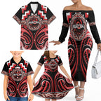 Aotearoa Ngati Toa Personalised Family Matching Off The Shoulder Long Sleeve Dress and Hawaiian Shirt Maori Iwi Poutama Puhoro Tattoo