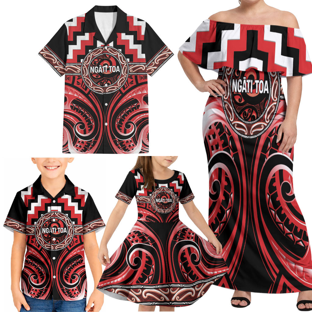 Aotearoa Ngati Toa Personalised Family Matching Off Shoulder Maxi Dress and Hawaiian Shirt Maori Iwi Poutama Puhoro Tattoo