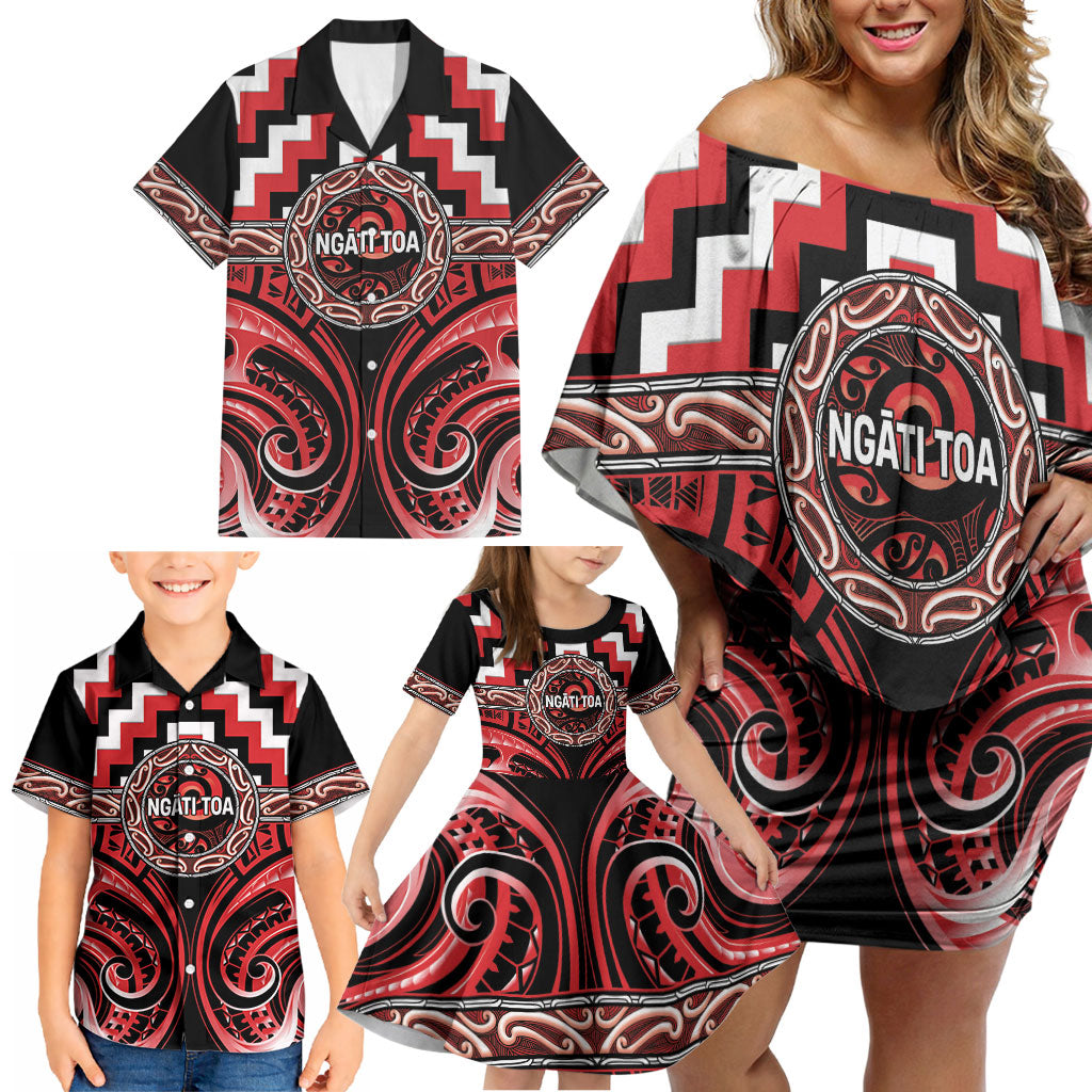 Aotearoa Ngati Toa Personalised Family Matching Off Shoulder Short Dress and Hawaiian Shirt Maori Iwi Poutama Puhoro Tattoo
