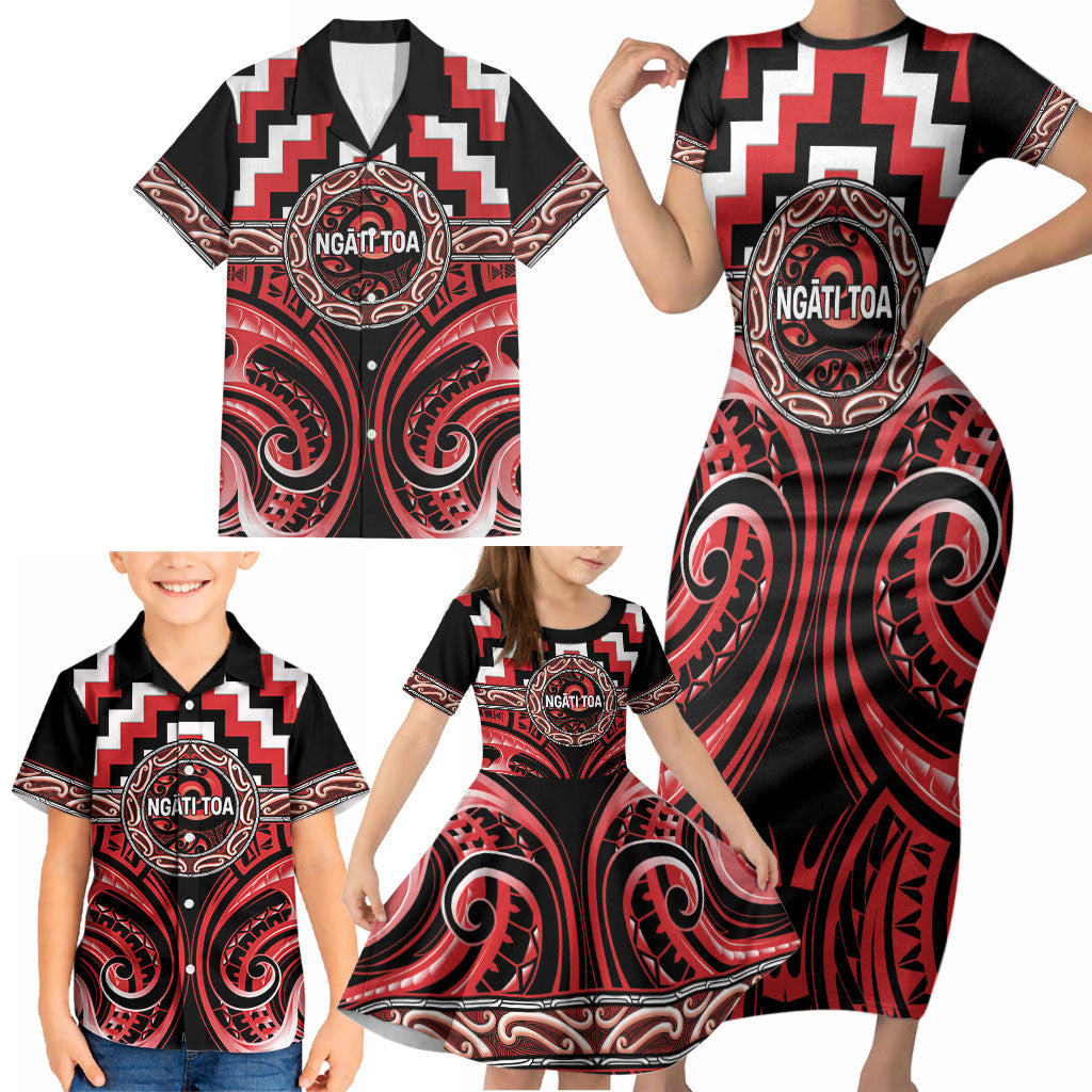 Aotearoa Ngati Toa Personalised Family Matching Short Sleeve Bodycon Dress and Hawaiian Shirt Maori Iwi Poutama Puhoro Tattoo