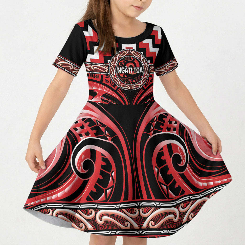 Aotearoa Ngati Toa Personalised Kid Short Sleeve Dress Maori Iwi Poutama Puhoro Tattoo
