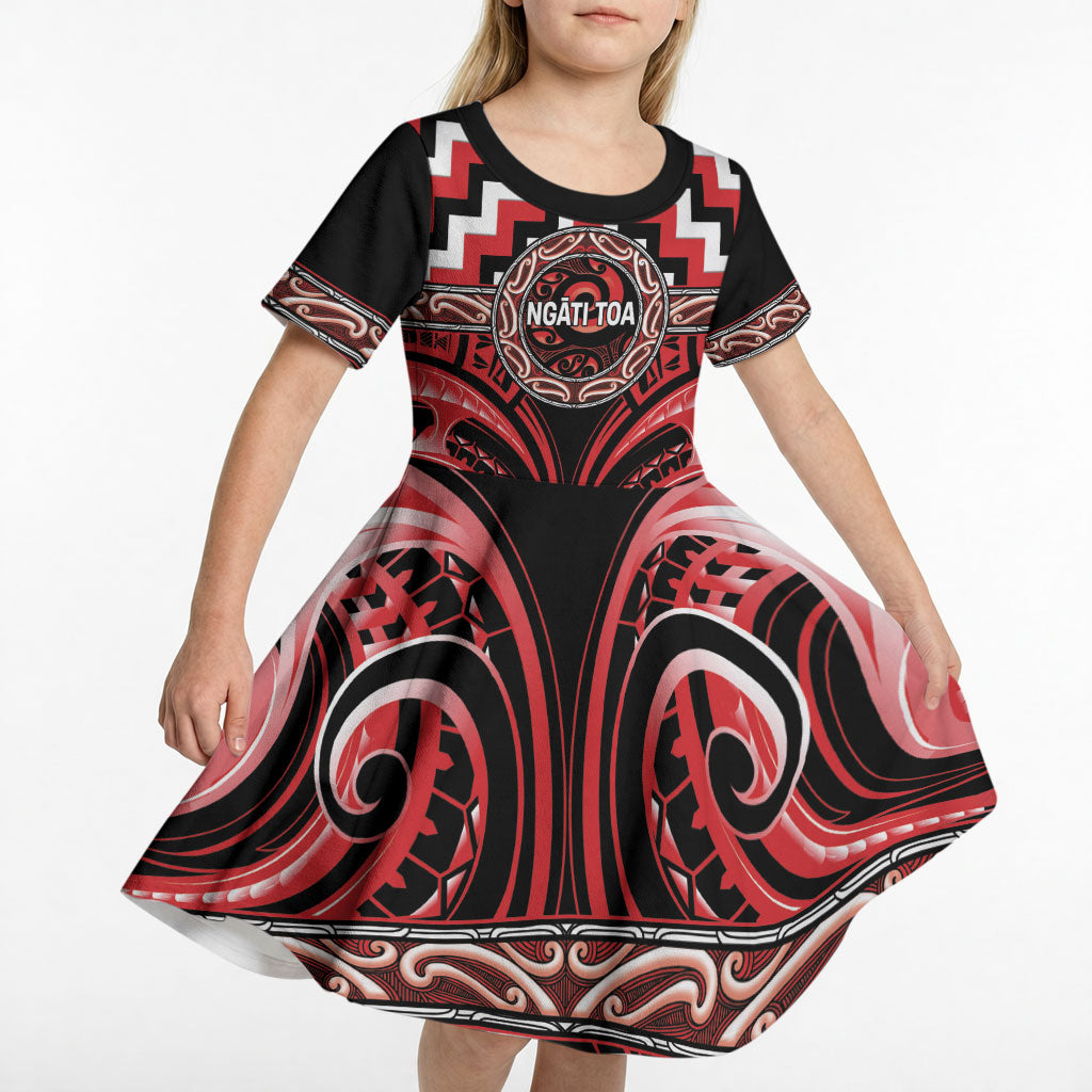 Aotearoa Ngati Toa Personalised Kid Short Sleeve Dress Maori Iwi Poutama Puhoro Tattoo