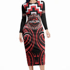 Aotearoa Ngati Toa Personalised Long Sleeve Bodycon Dress Maori Iwi Poutama Puhoro Tattoo