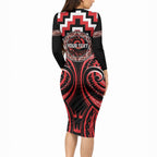 Aotearoa Ngati Toa Personalised Long Sleeve Bodycon Dress Maori Iwi Poutama Puhoro Tattoo