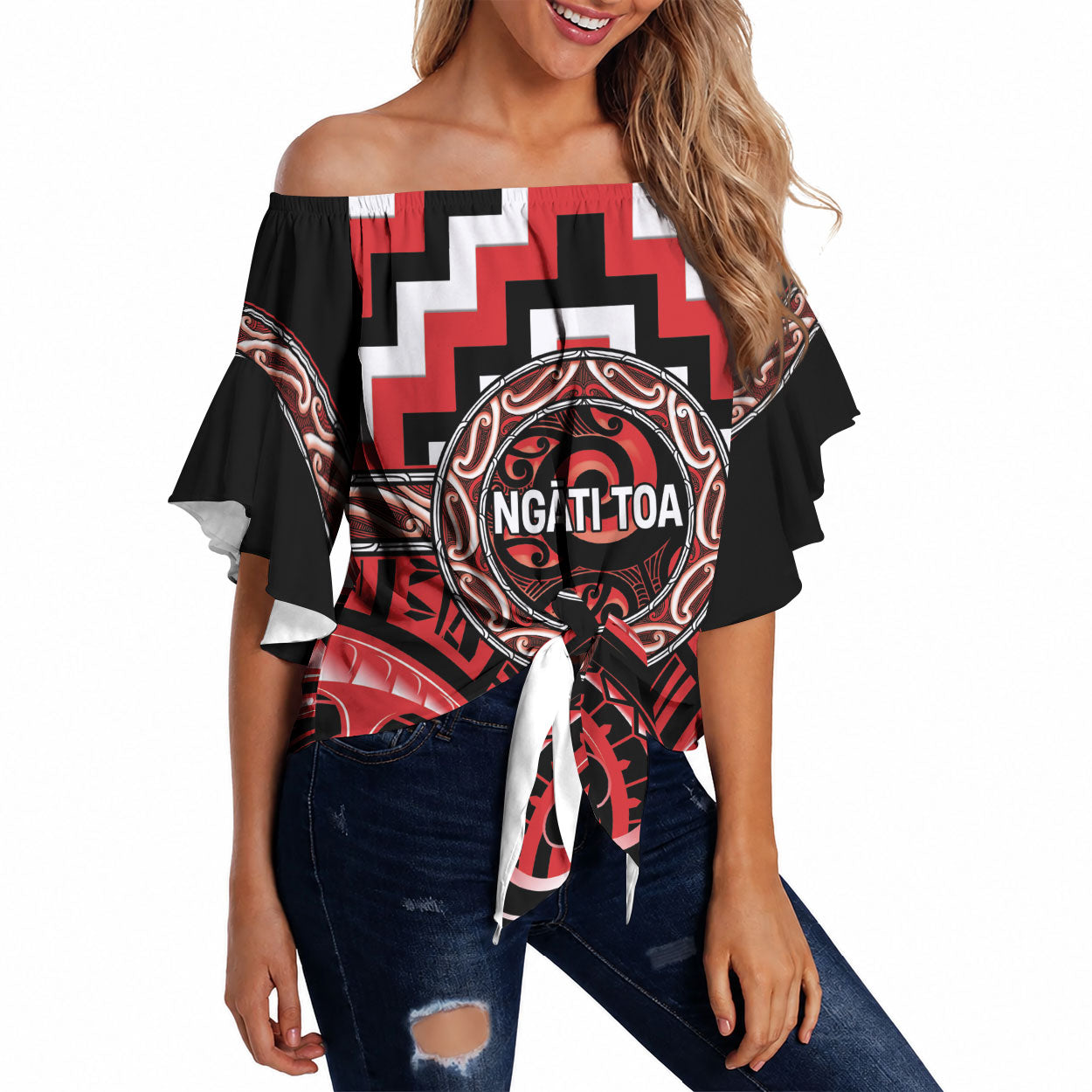 Aotearoa Ngati Toa Personalised Off Shoulder Wrap Waist Top Maori Iwi Poutama Puhoro Tattoo