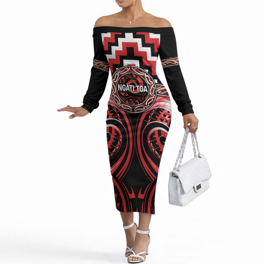 Aotearoa Ngati Toa Personalised Off The Shoulder Long Sleeve Dress Maori Iwi Poutama Puhoro Tattoo