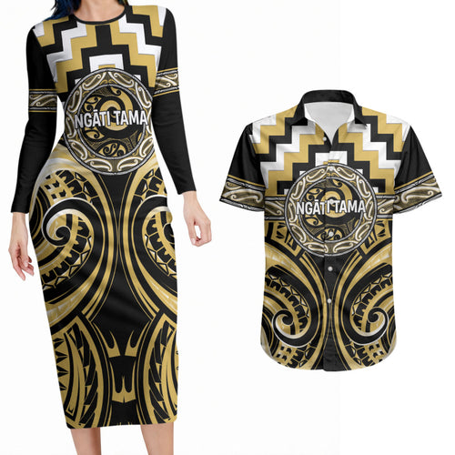 Aotearoa Ngati Tama Personalised Couples Matching Long Sleeve Bodycon Dress and Hawaiian Shirt Maori Iwi Poutama Puhoro Tattoo