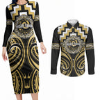 Aotearoa Ngati Tama Personalised Couples Matching Long Sleeve Bodycon Dress and Long Sleeve Button Shirt Maori Iwi Poutama Puhoro Tattoo
