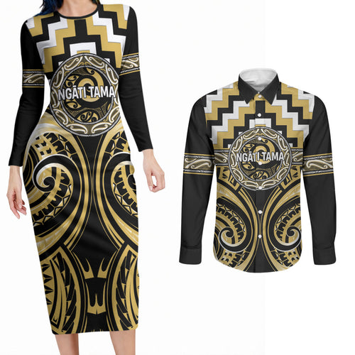 Aotearoa Ngati Tama Personalised Couples Matching Long Sleeve Bodycon Dress and Long Sleeve Button Shirt Maori Iwi Poutama Puhoro Tattoo