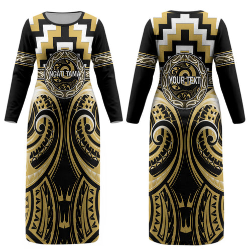 Aotearoa Ngati Tama Personalised Couples Matching Long Sleeve Bodycon Dress and Long Sleeve Button Shirt Maori Iwi Poutama Puhoro Tattoo