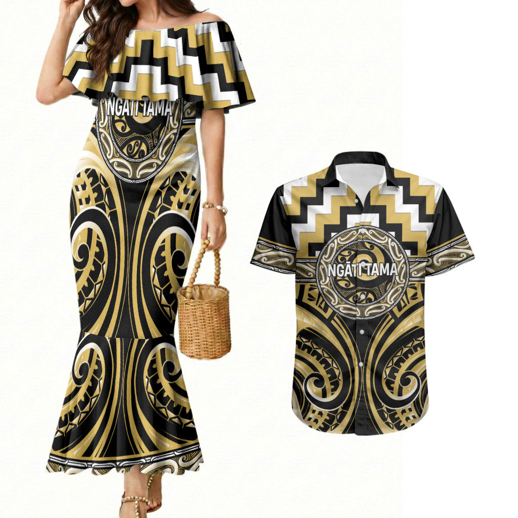 Aotearoa Ngati Tama Personalised Couples Matching Mermaid Dress and Hawaiian Shirt Maori Iwi Poutama Puhoro Tattoo
