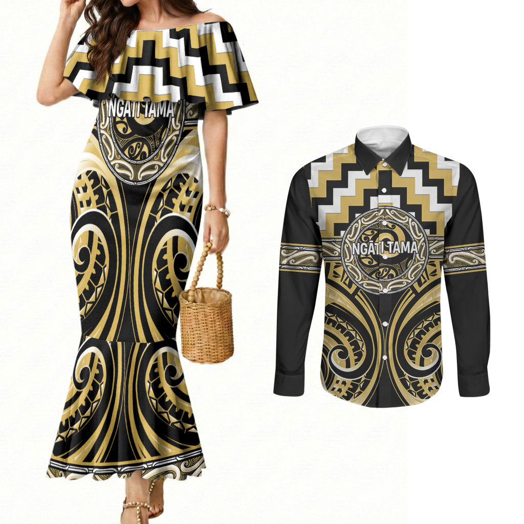 Aotearoa Ngati Tama Personalised Couples Matching Mermaid Dress and Long Sleeve Button Shirt Maori Iwi Poutama Puhoro Tattoo