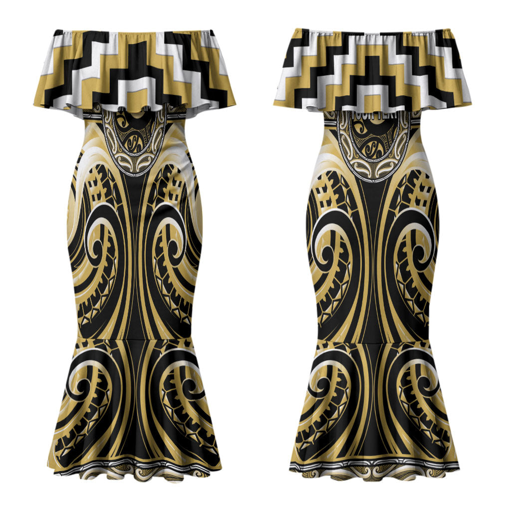 Aotearoa Ngati Tama Personalised Couples Matching Mermaid Dress and Long Sleeve Button Shirt Maori Iwi Poutama Puhoro Tattoo