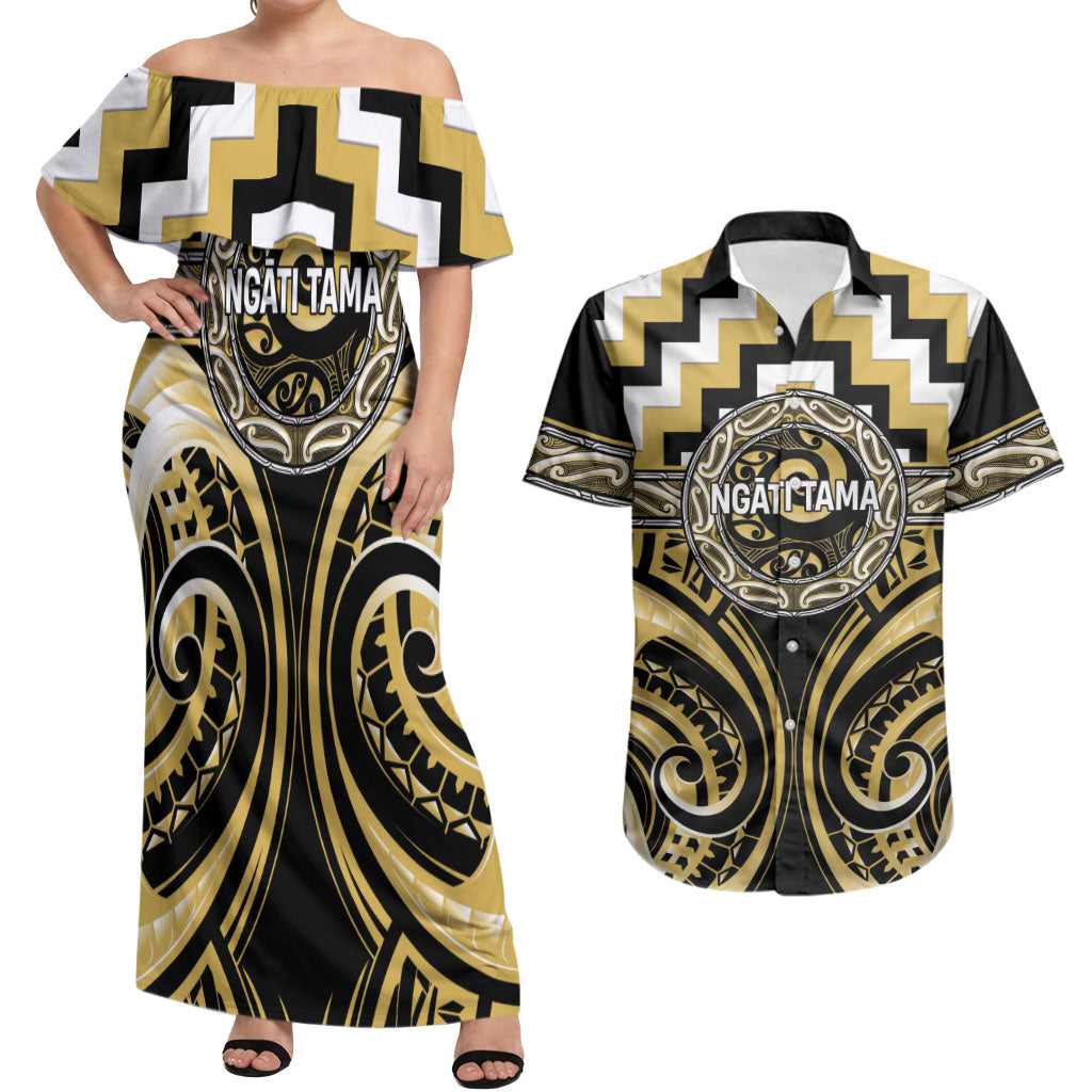 Aotearoa Ngati Tama Personalised Couples Matching Off Shoulder Maxi Dress and Hawaiian Shirt Maori Iwi Poutama Puhoro Tattoo