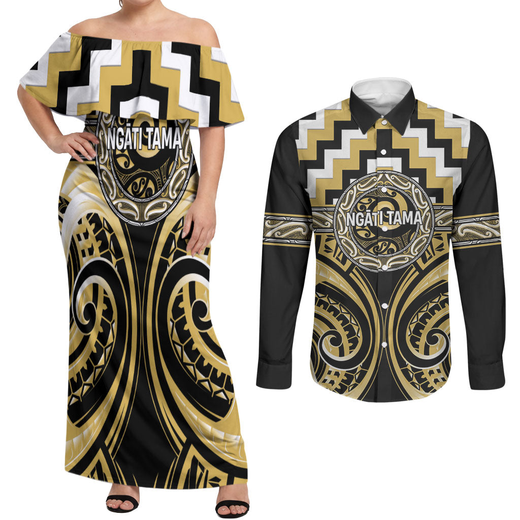 Aotearoa Ngati Tama Personalised Couples Matching Off Shoulder Maxi Dress and Long Sleeve Button Shirt Maori Iwi Poutama Puhoro Tattoo
