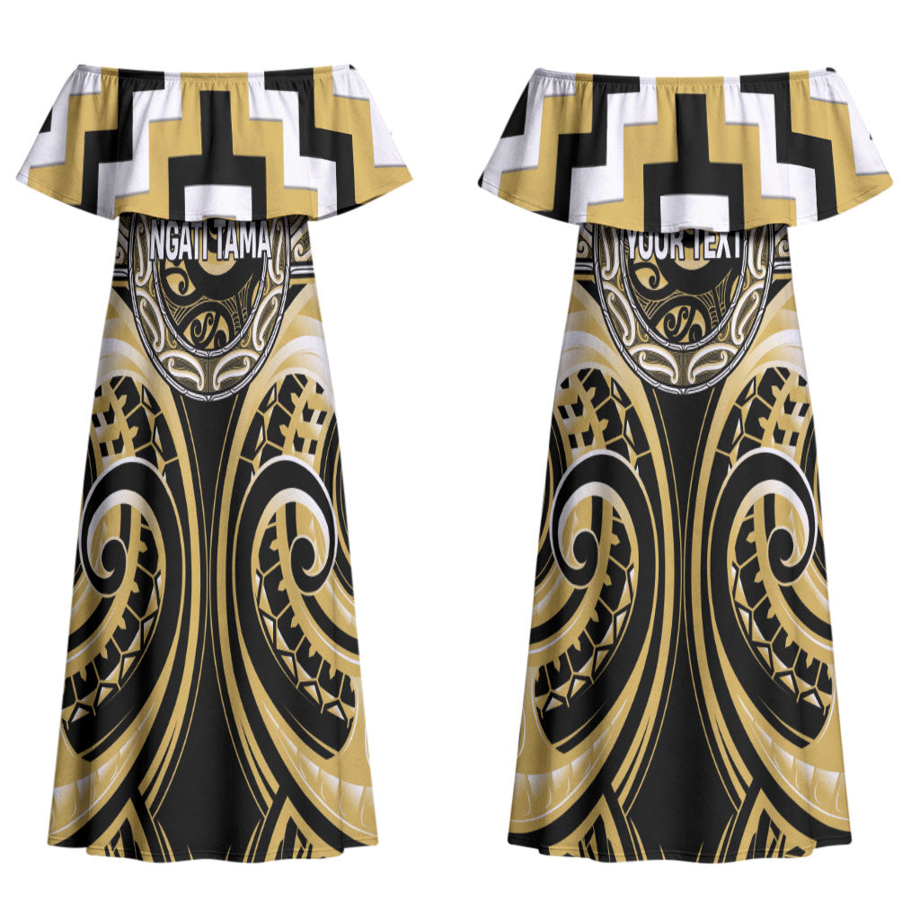 Aotearoa Ngati Tama Personalised Couples Matching Off Shoulder Maxi Dress and Long Sleeve Button Shirt Maori Iwi Poutama Puhoro Tattoo
