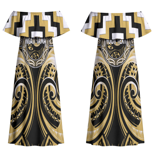 Aotearoa Ngati Tama Personalised Couples Matching Off Shoulder Maxi Dress and Long Sleeve Button Shirt Maori Iwi Poutama Puhoro Tattoo