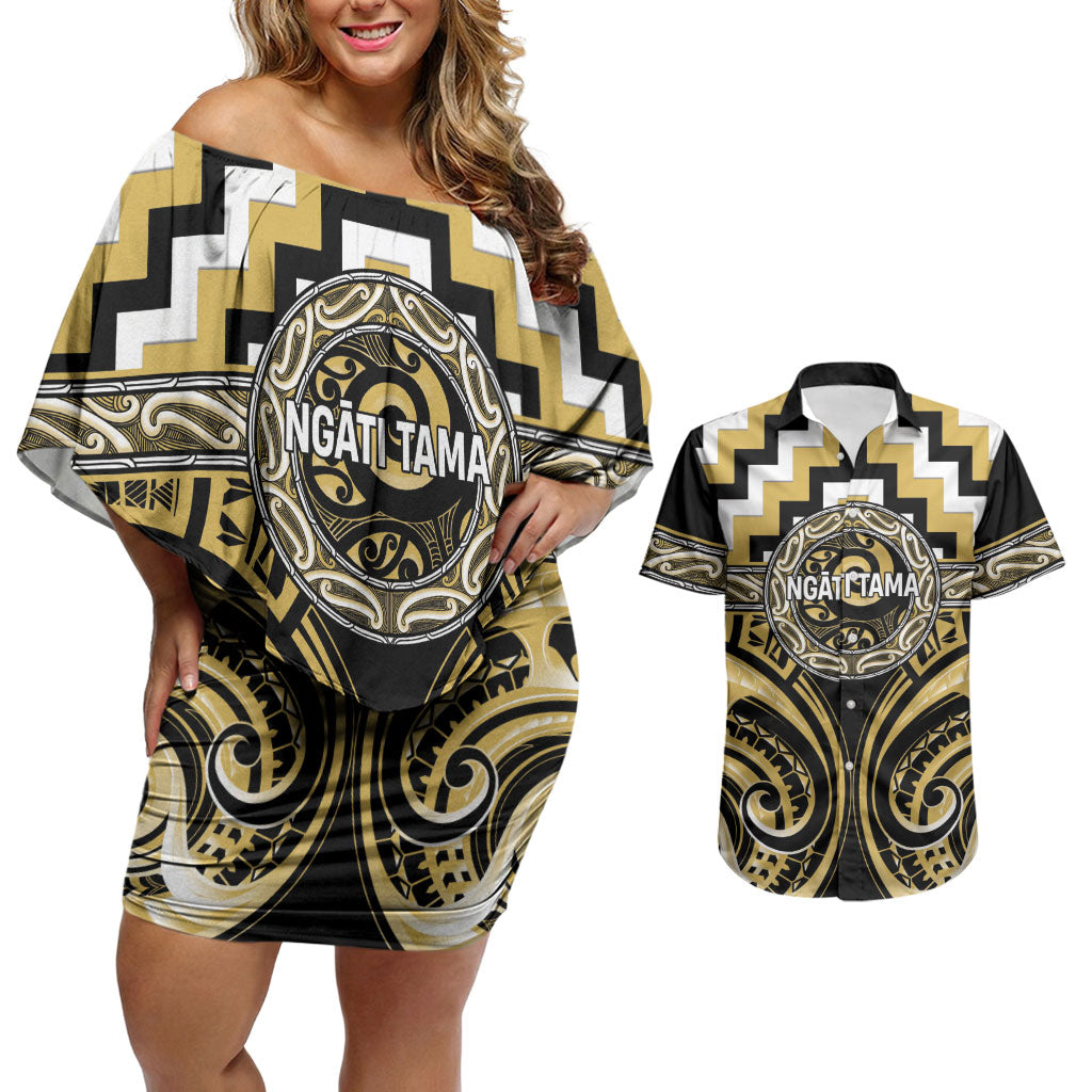 Aotearoa Ngati Tama Personalised Couples Matching Off Shoulder Short Dress and Hawaiian Shirt Maori Iwi Poutama Puhoro Tattoo