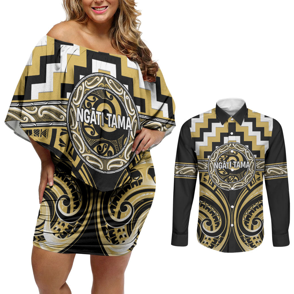 Aotearoa Ngati Tama Personalised Couples Matching Off Shoulder Short Dress and Long Sleeve Button Shirt Maori Iwi Poutama Puhoro Tattoo