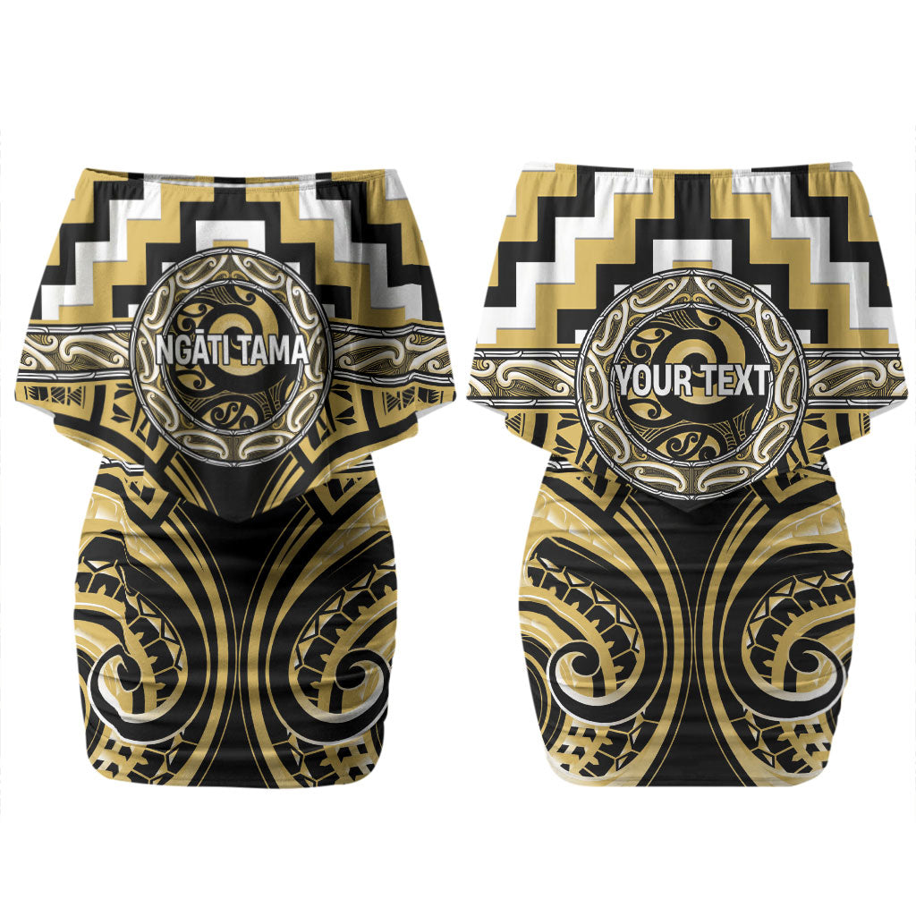 Aotearoa Ngati Tama Personalised Couples Matching Off Shoulder Short Dress and Long Sleeve Button Shirt Maori Iwi Poutama Puhoro Tattoo